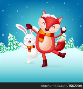 Funny cartoon animals character with snow. Rabbit and Fox. Merry Chraistmas and happy new year. Illustration in winter background.