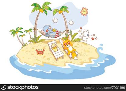 funny cartoon animals sunbathing on the beach