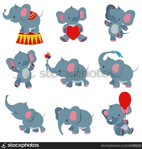 Funny cartoon baby elephants vector collection for kids stickers. Elephant funny character with flower and air balloon illustration. Funny cartoon baby elephants vector collection for kids stickers