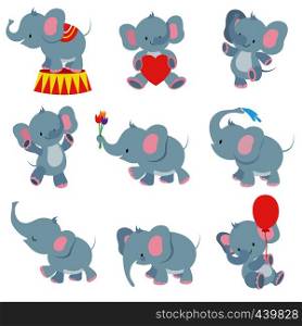 Funny cartoon baby elephants vector collection for kids stickers. Elephant funny character with flower and air balloon illustration. Funny cartoon baby elephants vector collection for kids stickers
