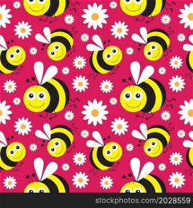 Funny cartoon bee and white daisy flowers on bright background. Seamless pattern. Vector illustration.