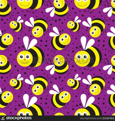Funny cartoon bee on purple background. Seamless pattern. Vector illustration.