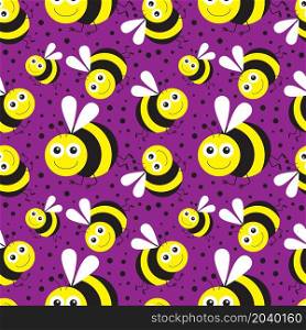 Funny cartoon bee on purple background. Seamless pattern. Vector illustration.