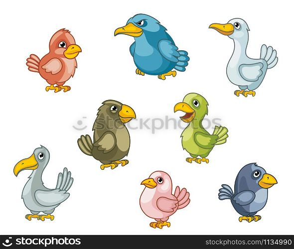 Funny cartoon birds set isolated on white. Vector illustration. Funny cartoon birds