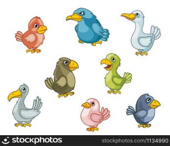 Funny cartoon birds set isolated on white. Vector illustration. Funny cartoon birds