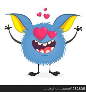 Funny cartoon blue monster in love. Vector illustration of cute monster for St.Valentine&rsquo;s Day