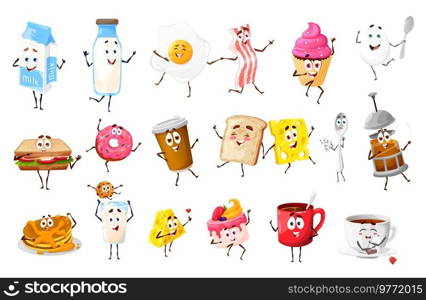 Funny cartoon breakfast food and drinks characters. Milk, scrambled egg and sandwich cute personage. Cake, donut and pancake desserts, bacon, toast and cheese, coffee, tea drinks vector characters set. Funny cartoon breakfast food and drinks characters