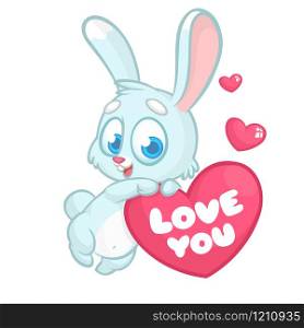Funny cartoon bunny rabbit with heart and text Love You. Vector Illustration can be used as print or card for St Valentines Day