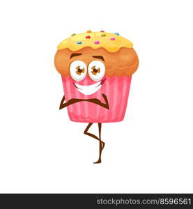 Funny cartoon cake character, cute vector bakery mascot, cupcake or confectionery with big eyes and sprinkles staing on one leg. Sweet dessert food happy character. Funny cartoon cake character, cute bakery mascot