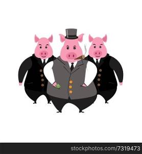Funny cartoon capitalist pig caricature. Rich piggy boss with cigar, monocle and top hat.