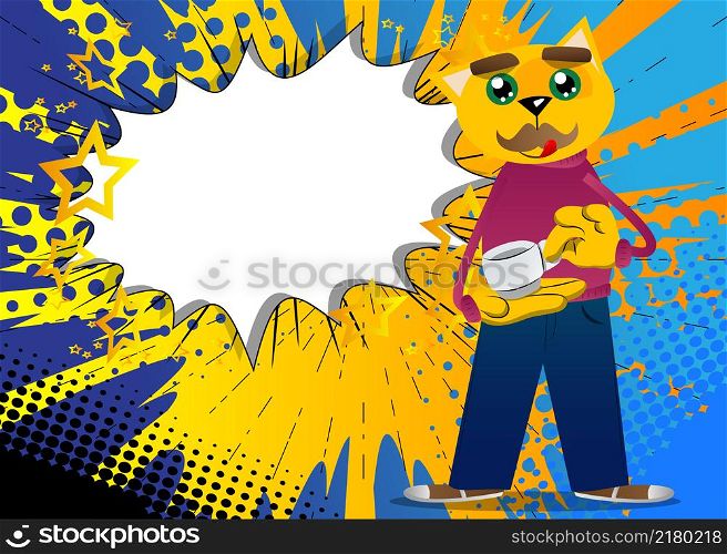 Funny cartoon cat holding a cup of coffee. Vector illustration. Cute orange, yellow haired young kitten.