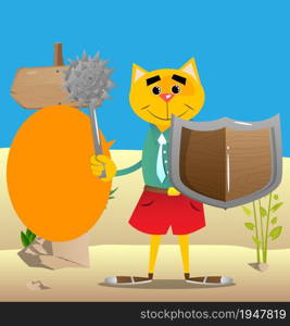 Funny cartoon cat holding a spiked mace and shield. Vector illustration. Cute orange, yellow haired young kitten.