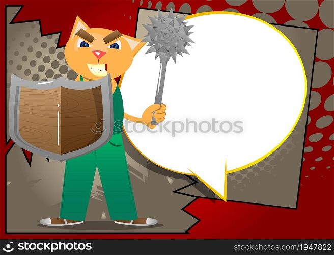 Funny cartoon cat holding a spiked mace and shield. Vector illustration. Cute orange, yellow haired young kitten.