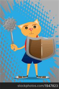 Funny cartoon cat holding a spiked mace and shield. Vector illustration. Cute orange, yellow haired young kitten.