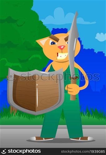 Funny cartoon cat holding a sword and shield. Vector illustration. Cute orange, yellow haired young kitten.