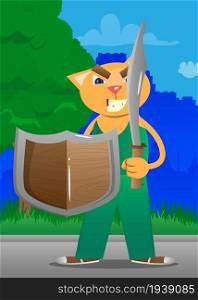 Funny cartoon cat holding a sword and shield. Vector illustration. Cute orange, yellow haired young kitten.