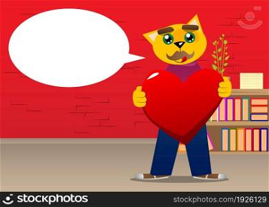 Funny cartoon cat holding big red heart. Vector illustration. Cute orange, yellow haired young kitten.