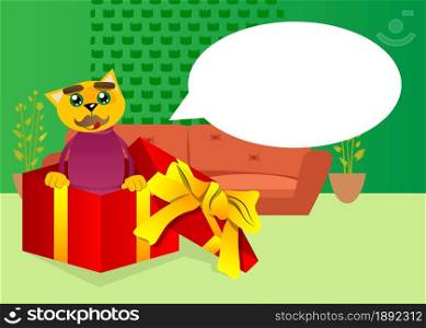 Funny cartoon cat in a gift box. Vector illustration. Cute orange, yellow haired young kitten.