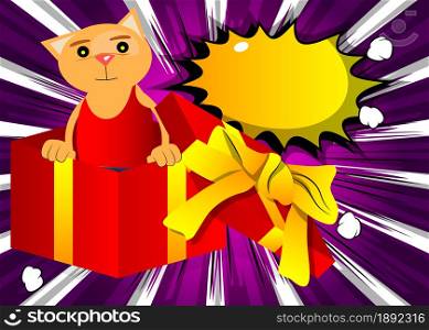 Funny cartoon cat in a gift box. Vector illustration. Cute orange, yellow haired young kitten.