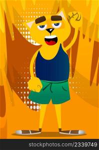 Funny cartoon cat making power to the people fist gesture. Vector illustration. Cute orange, yellow haired young kitten.