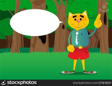 Funny cartoon cat saying no with his finger. Vector illustration. Cute orange, yellow haired young kitten.