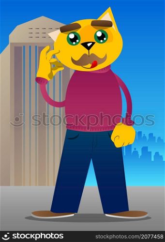 Funny cartoon cat showing ok sign. Vector illustration. Cute orange, yellow haired young kitten.