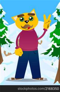 Funny cartoon cat showing the V sign, peace hand gesture. Vector illustration. Cute orange, yellow haired young kitten.