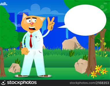 Funny cartoon cat showing the V sign, peace hand gesture. Vector illustration. Cute orange, yellow haired young kitten.
