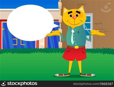 Funny cartoon cat shrugs shoulders expressing don't know gesture. Vector illustration. Cute orange, yellow haired young kitten.
