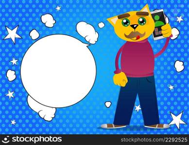 Funny cartoon cat talking on cell phone. Vector illustration. Cute orange, yellow haired young kitten. Mobile Communication Concept.