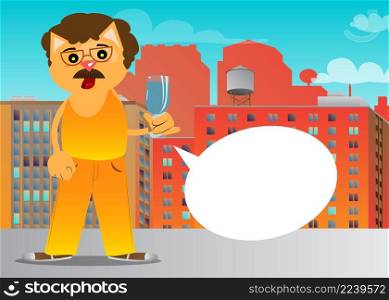 Funny cartoon cat with a glass of water. Vector illustration. Cute orange, yellow haired young kitten.