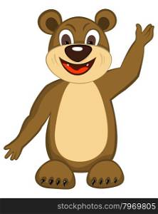 Funny Cartoon Character Bear With Smile and Waving Paw Over White Background. Hand Drawn in Front View Elegant Cute Design. Vector illustration.
