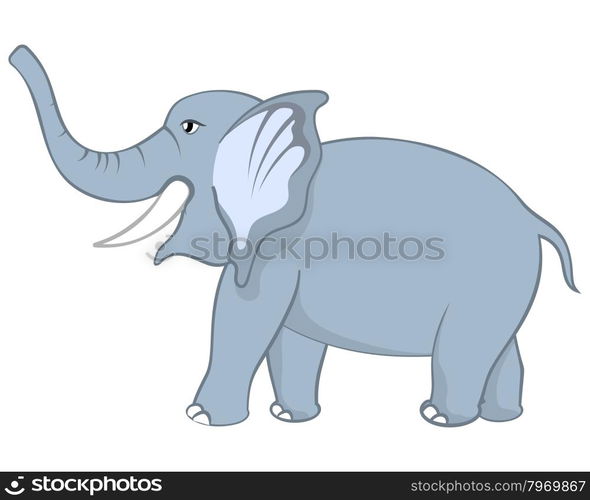 Funny Cartoon Character Elephant With Smile and Raised Trunk Over White Background. Hand Drawn in Front View Elegant Cute Design. Vector illustration.