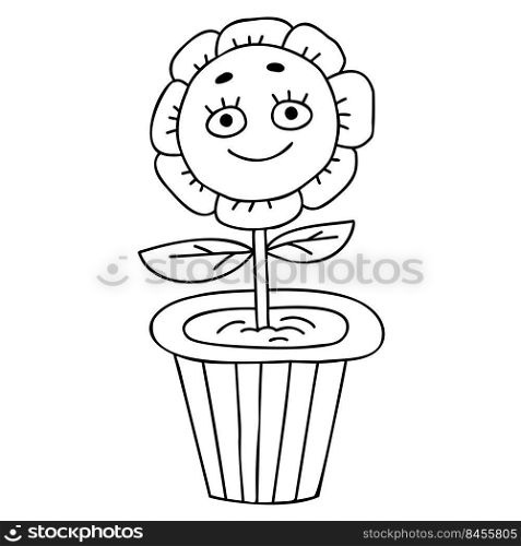 Funny cartoon character. Groovy element funky flower power in pot. Vector illustration trendy retro style. Linear hand drawn doodle. Comic element for design and decor, sticker, poster, print, card