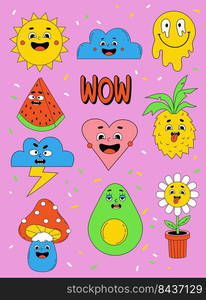 Funny cartoon characters. Big set of comic elements in trendy retro cartoon style. Vector illustration of heart, patch, cute sun, cloud, watermelon, avocado, flower and mushroom faces etc.