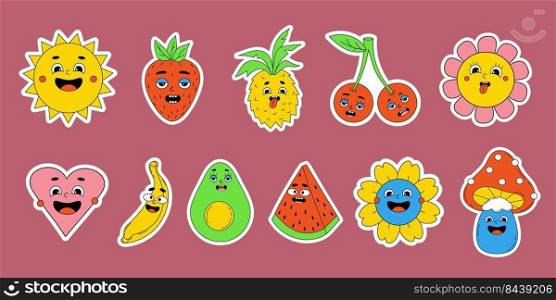 Funny cartoon characters stickers. Big set comic elements in trendy retro groovy style. Vector illustration of heart, cute sun, watermelon, avocado, flower power, cherry, banana, mushroom with faces