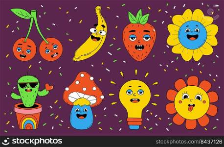 Funny cartoon characters with funny faces. Set comic elements in trendy retro cartoon style. Vector illustration of cherry, banana, earth, strawberry, cactus, mushroom