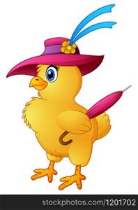 Funny cartoon chicken wearing hat with hold a umbrella
