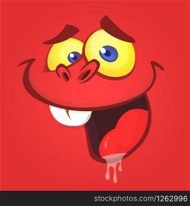Funny cartoon devil face laughing. Vector Halloween red monster illustration