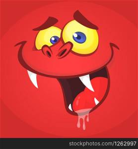Funny cartoon devil face talking. Vector Halloween red monster illustration