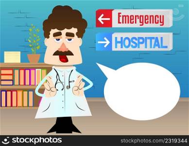 Funny cartoon doctor crossing his fingers and wishing for good luck. Vector illustration.