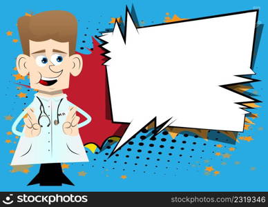 Funny cartoon doctor crossing his fingers and wishing for good luck. Vector illustration.