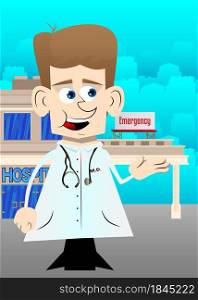 Funny cartoon doctor giving a hand. Vector illustration. Health care worker greeting you.