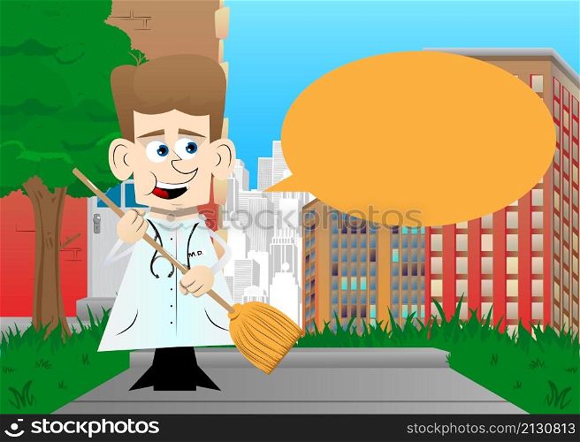 Funny cartoon doctor holding a broom. Vector illustration.