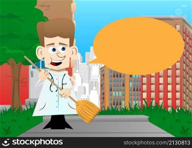 Funny cartoon doctor holding a broom. Vector illustration.