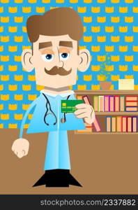 Funny cartoon doctor holding credit card. Vector illustration.