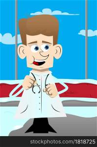 Funny cartoon doctor holding his fists in front of him ready to fight. Vector illustration.