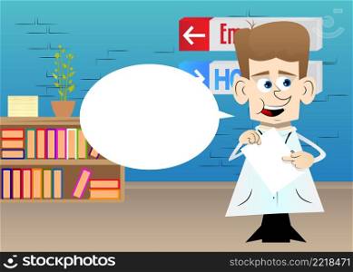 Funny cartoon doctor holding white paper and pointing at it. Vector illustration.