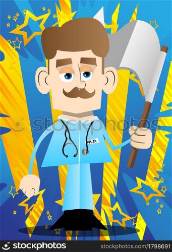 Funny cartoon doctor holds white flag of surrender. Vector illustration.