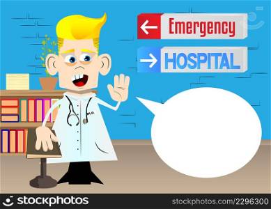 Funny cartoon doctor raising his hand and put the other on a holy book. Vector illustration.